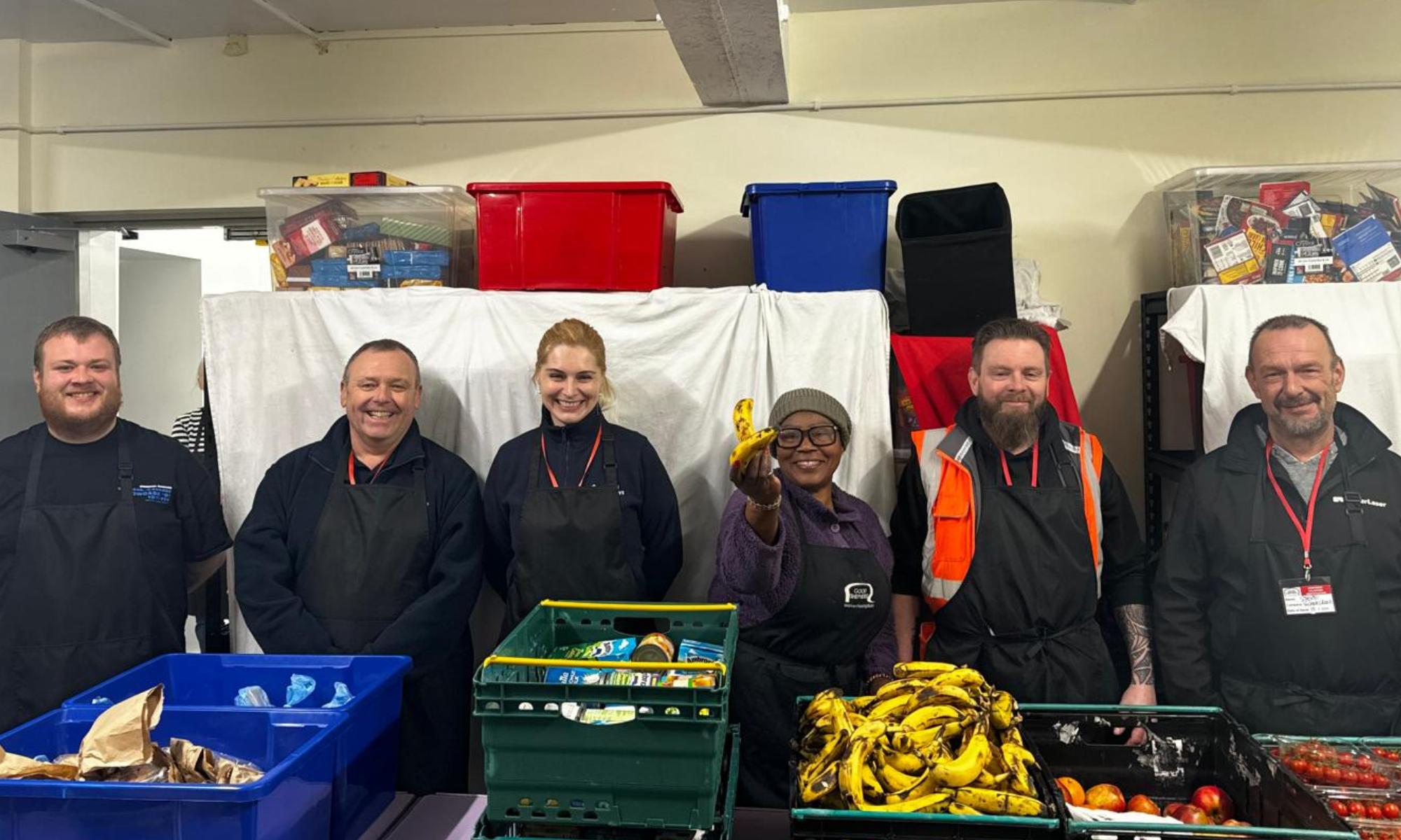 six individuals standing in a line smiling at the camera volunteering